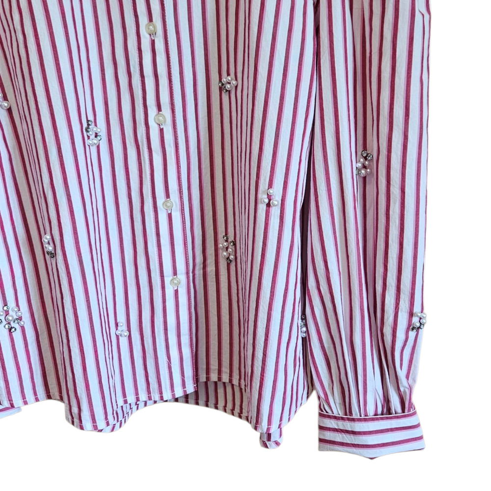 Free Assembly Large 12/14 Pink Striped Pearl Rhinestone Embellished Cotton Shirt - Picture 3 of 6